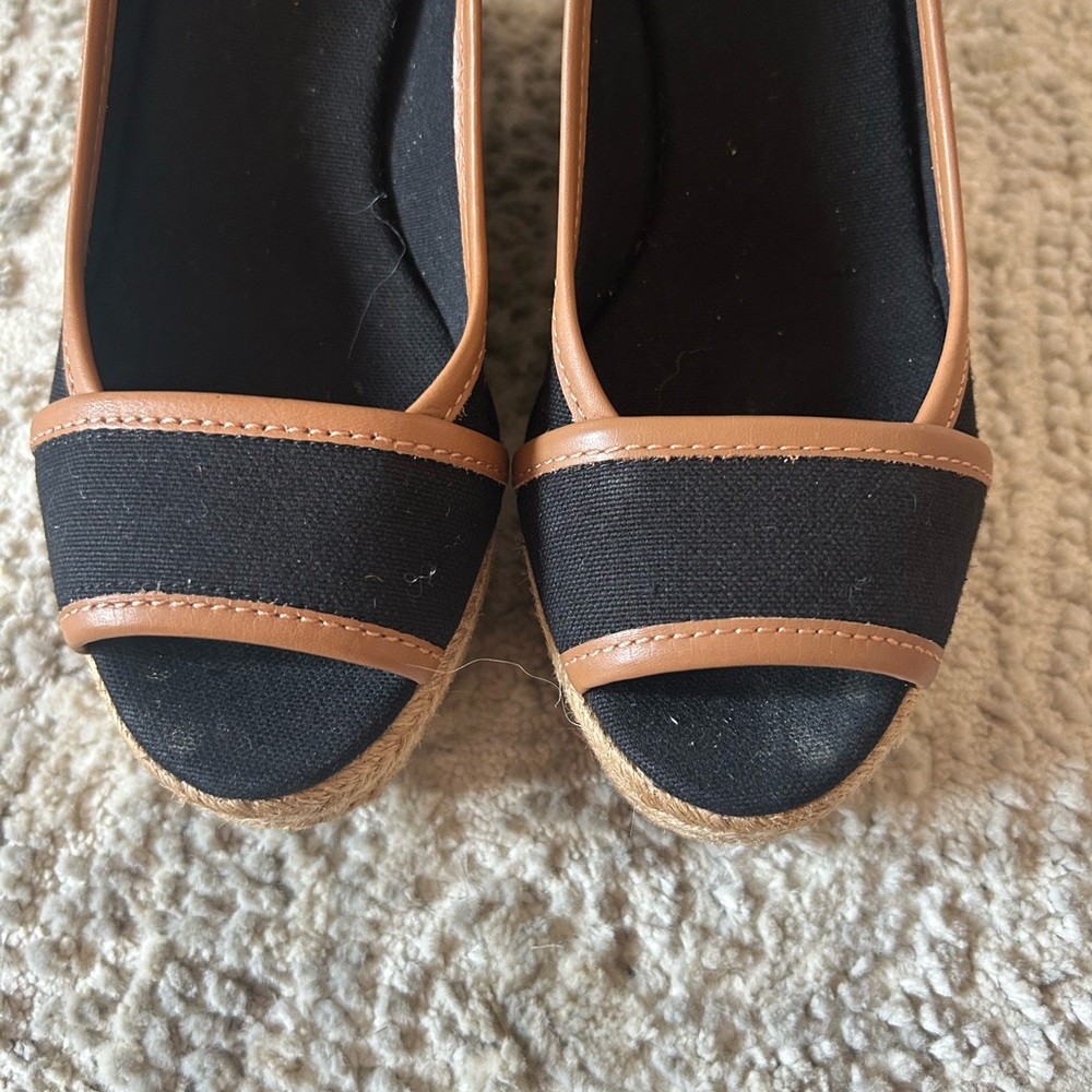 Tory Burch Black Canvas Wedge Espadrilles with Tan Trim - Picture 6 of 7